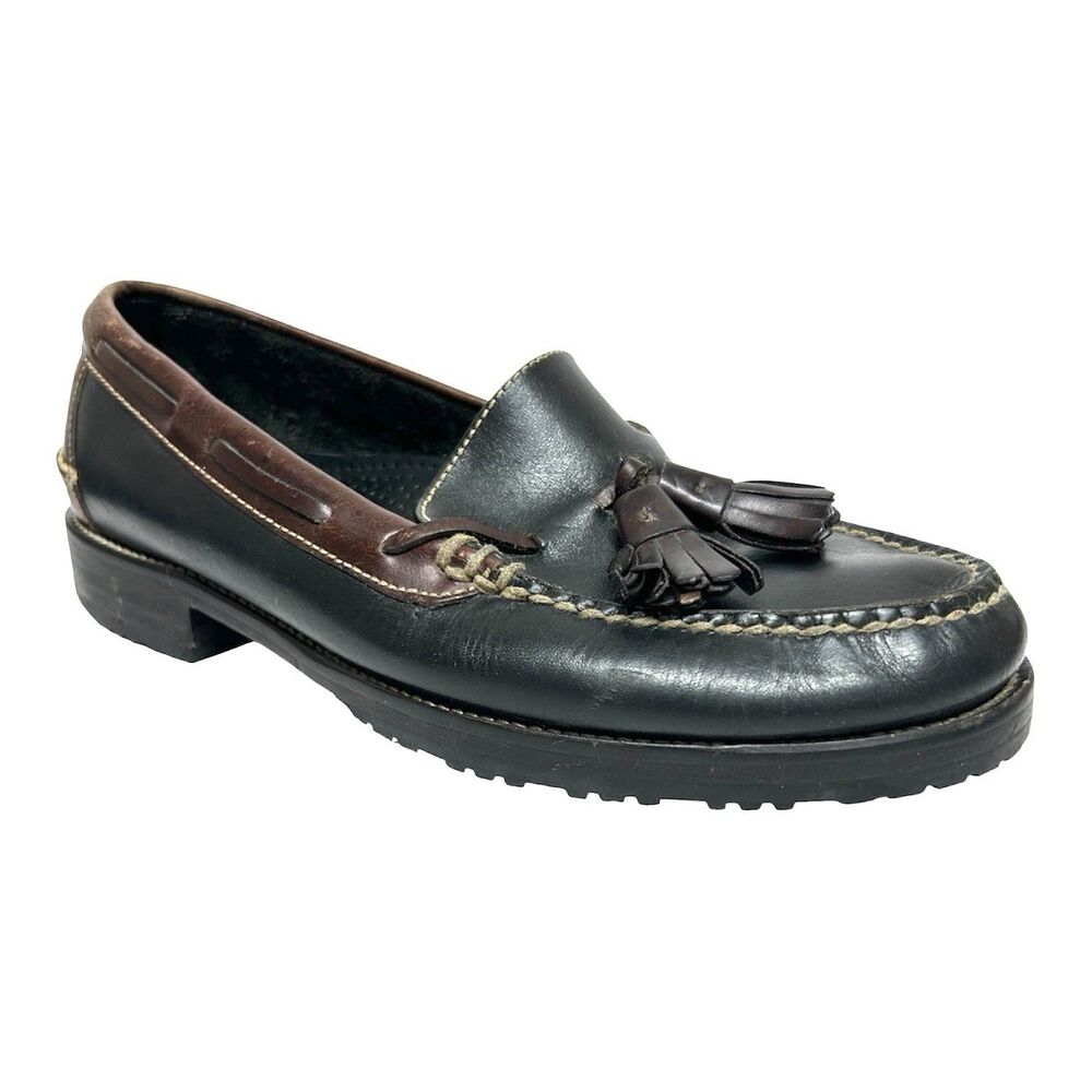 Vtg Cole Haan Leather Kilt Tassel Loafers 2 Tone Black Brown 7 Office Casual Pre